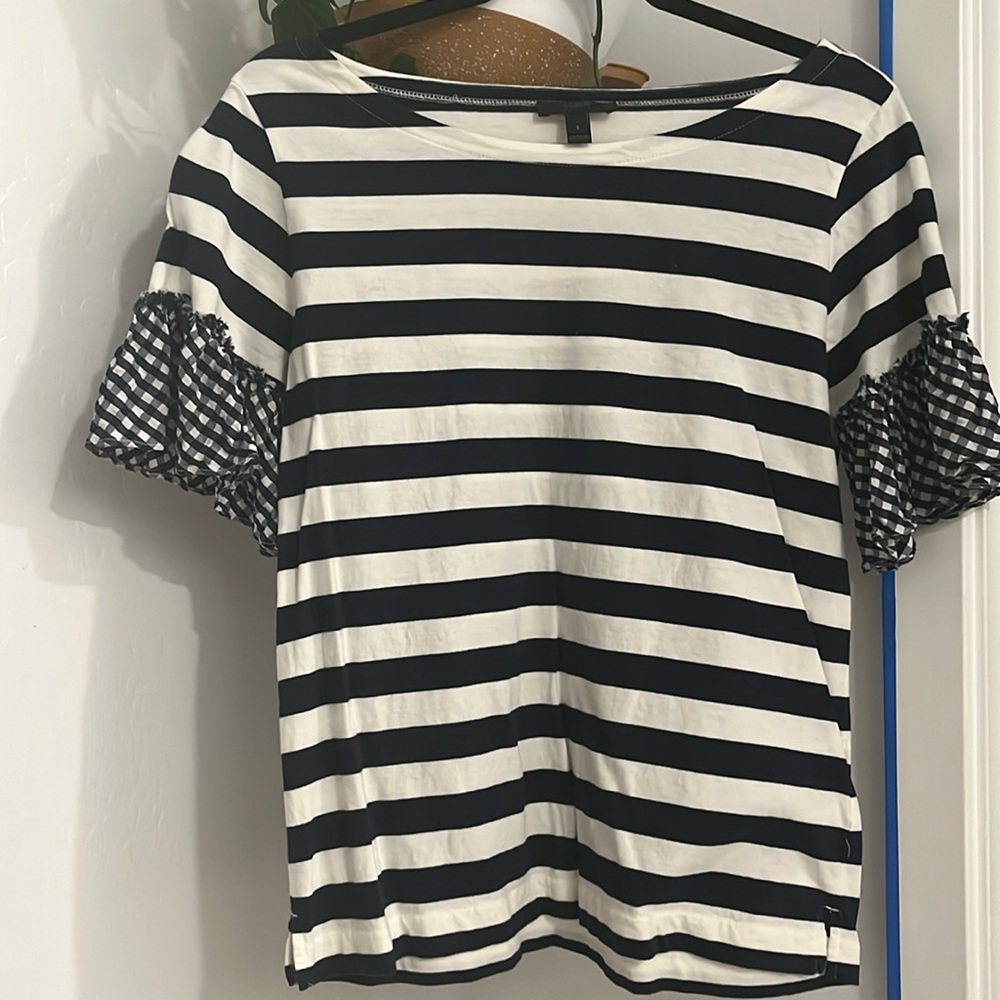 Blue and white striped ruffle sleeve top